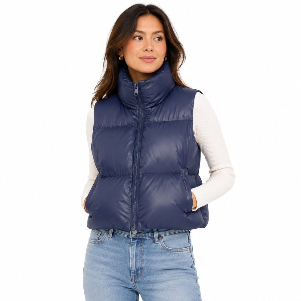 The Foxy Kind Quilted Sleeveless Zip Up Puffer Vest Navy Blue Women's Medium